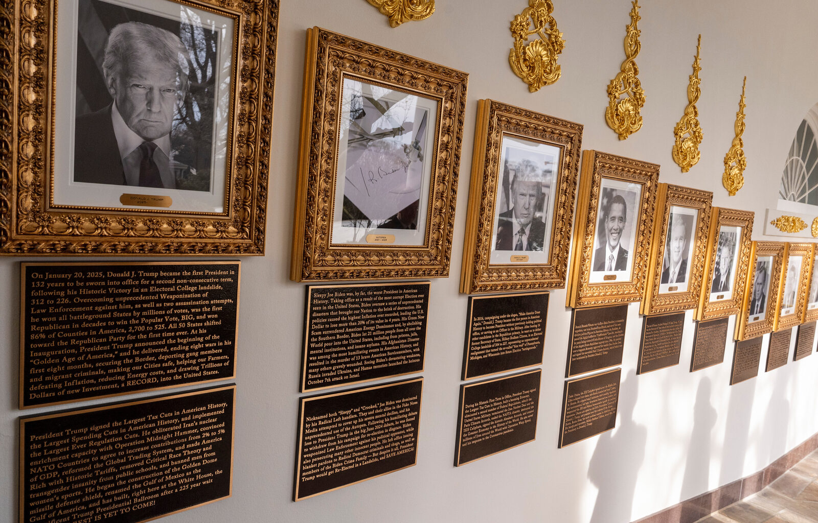 Trump writes partisan plaques for predecessors in his newly installed Presidential Walk of Fame