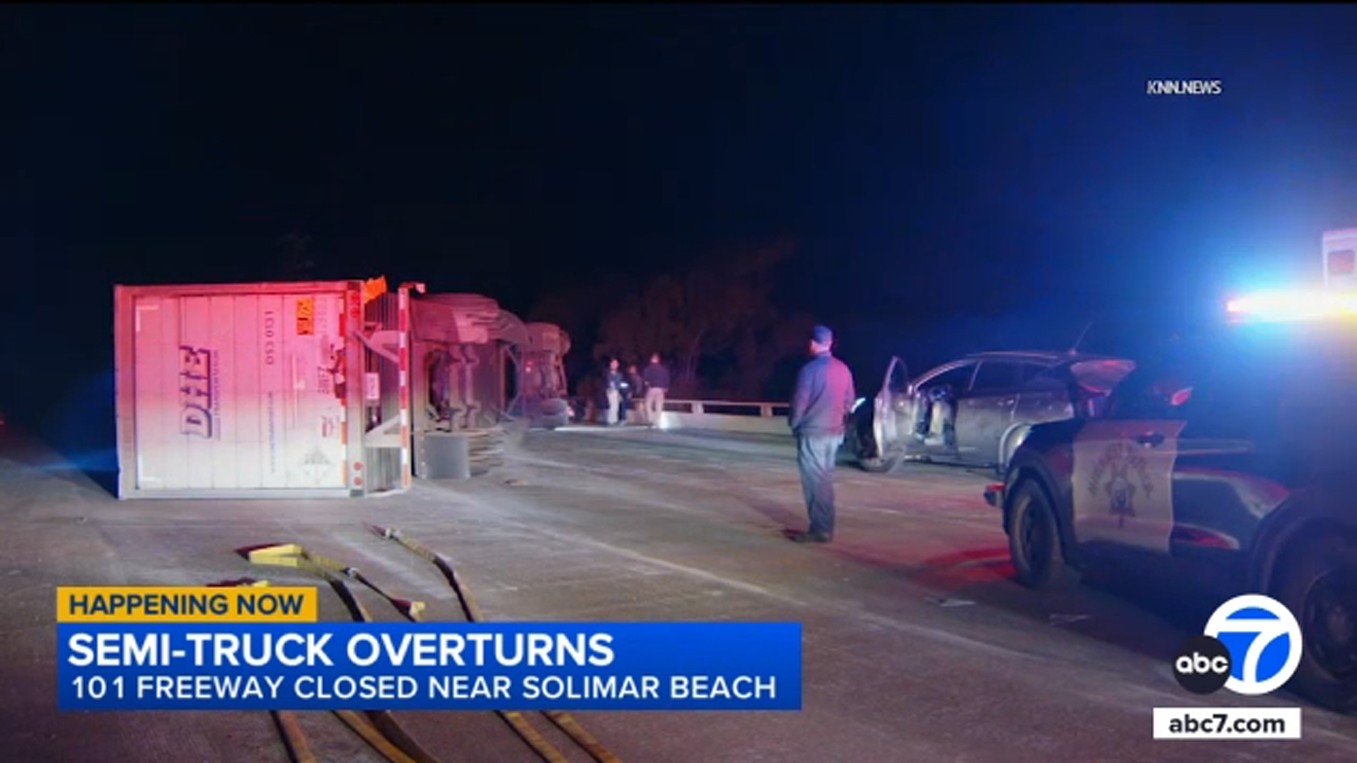 Overturned semi-truck shuts down northbound 101 Freeway in Ventura County