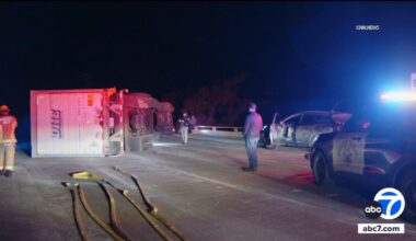 Overturned semi-truck shuts down northbound 101 Freeway in Ventura County
