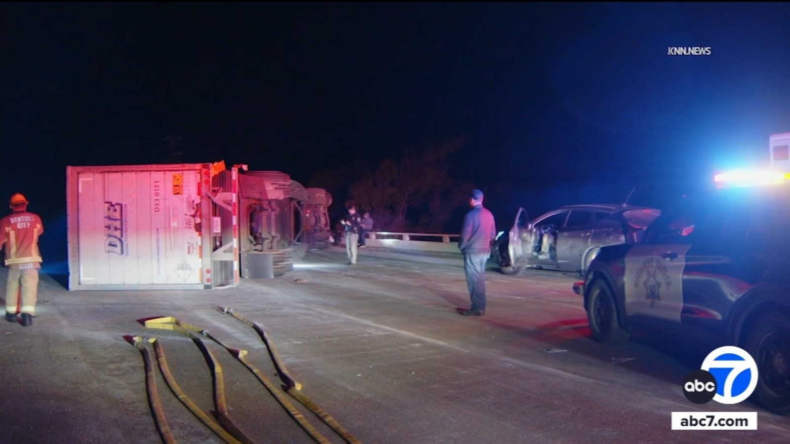 Overturned semi-truck shuts down northbound 101 Freeway in Ventura County