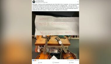 Man who stole mandolins from Teaneck, New Jersey store returns them with note saying 'sorry I been drunk. Merry Christmas'