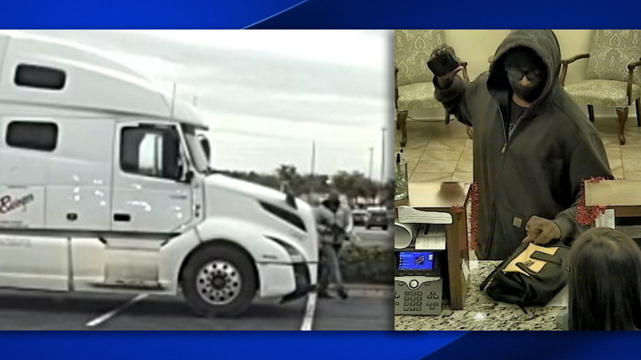 Images provided by law enforcement show Wille McGee Jr. exiting his truck with a rifle in Rocky Mount, and allegedly robbing a Zebulon bank.