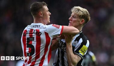 Dan Ballard clashes with Anthony Gordon during Sunderland's FA Cup third-round tie against Newcastle United at the Stadium of Light on 6 January, 2024.
