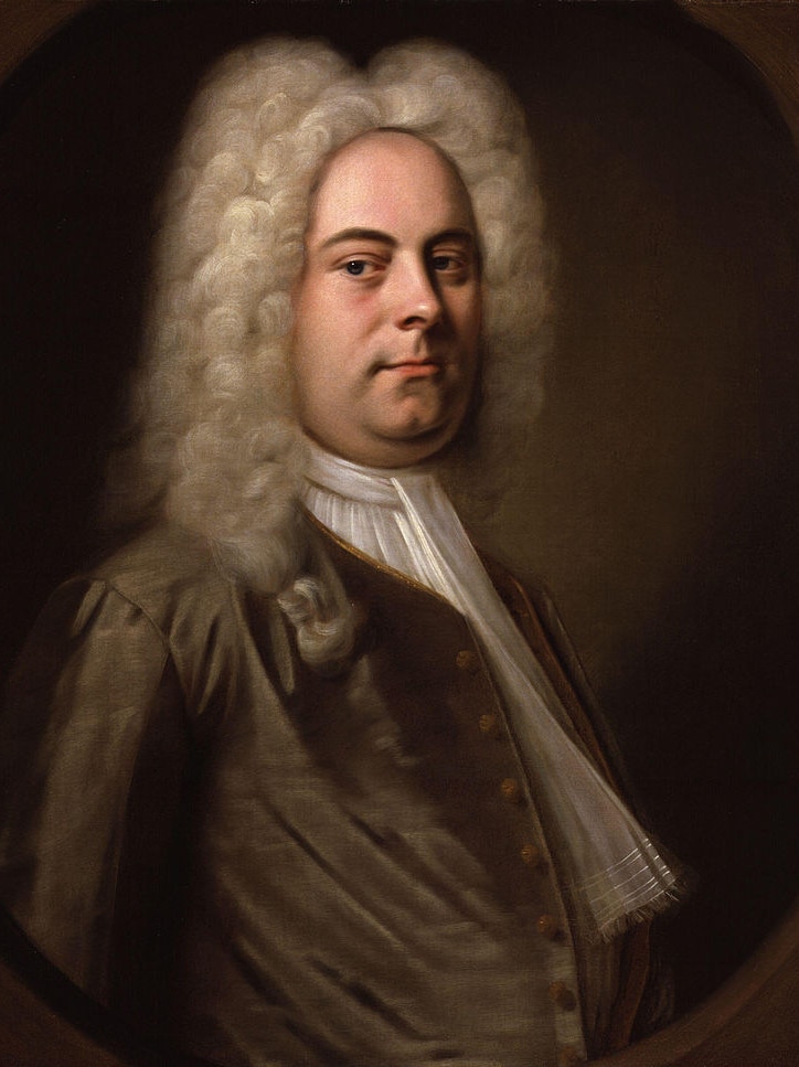 A portrait of German baroque composer G.F. Handel wearing a brown coat and white wig.