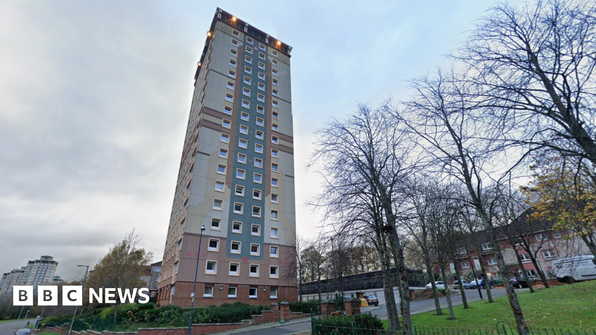 A large tower block in Motherwell with bare trees outside on a grey and overcast day.