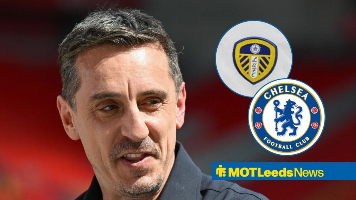 Gary Neville looking at the Chelsea badge and an unidentified Leeds player.