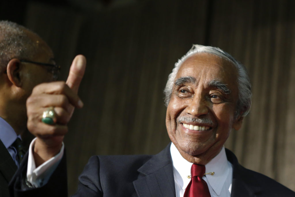 Rangel gives a thumb up as he celebrates his victory during the Democratic Primary election in New York