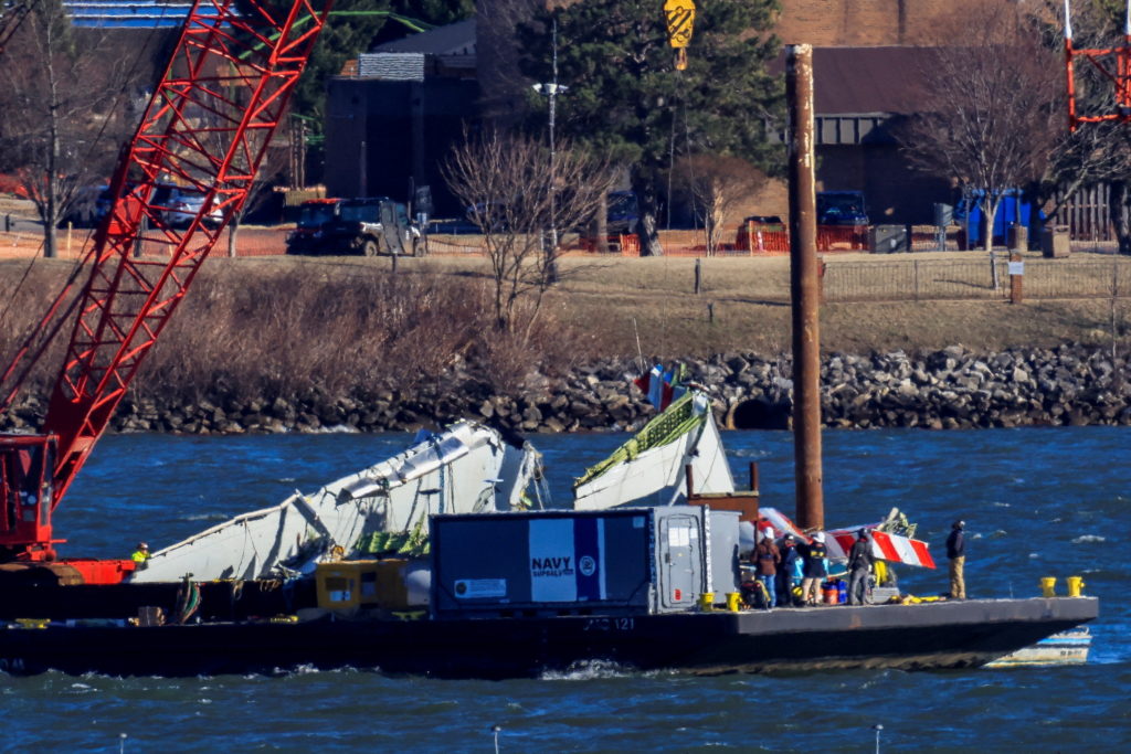 Aftermath of American Eagle flight 5342 crash in the Potomac River near Ronald Reagan Washington National Airport