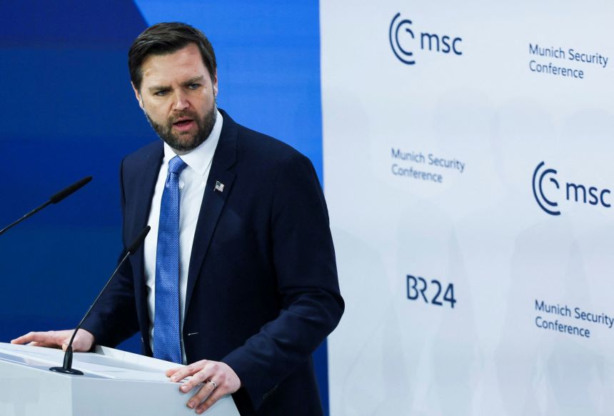 U.S. Vice President JD Vance gives a speech at the Munich Security Conference (MSC) in Munich, Germany February 14, 2025. REUTERS/Leah Millis