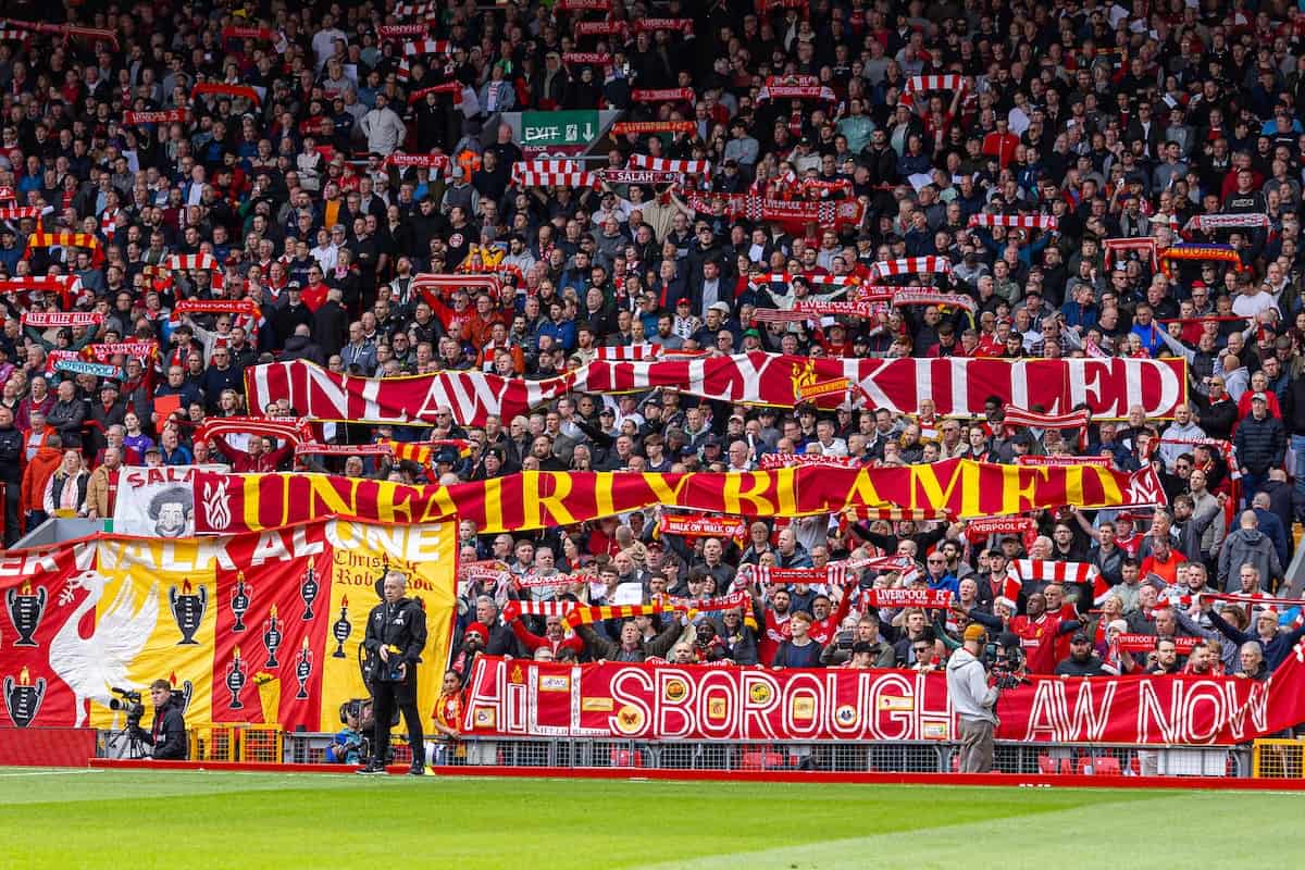 LIVERPOOL, ENGLAND - Sunday, April 13, 2025: Liverpool supporters' banners "Unlawfully Killed, Unfairly Blamed" relating to the Government cover-up and lies following the Hillsborough Stadium Disaster during the FA Premier League match between Liverpool FC and West Ham United FC at Anfield. Liverpool won 2-1. (Photo by David Rawcliffe/Propaganda)