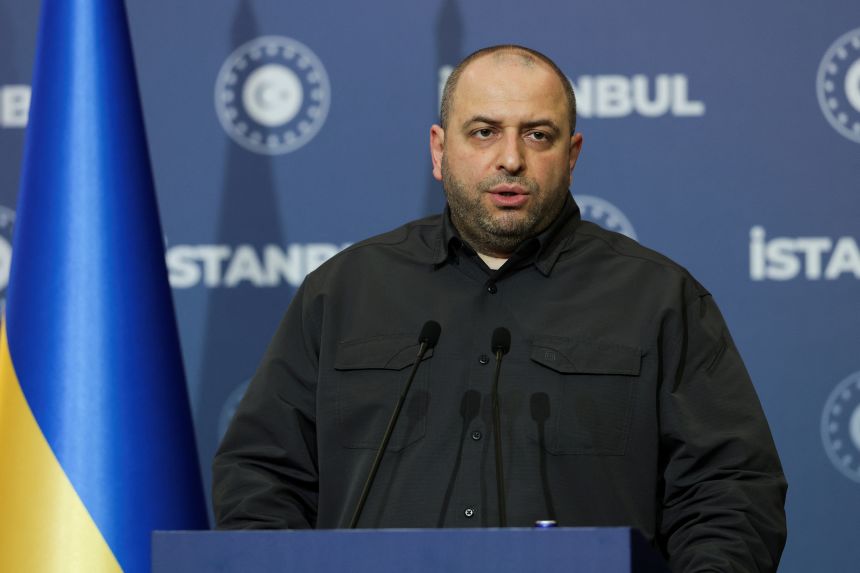 Secretary of Ukraine's National Security and Defence Council Rustem Umerov speaks to media after a round of peace talks that took place in Istanbul, Turkey, in July 2025.