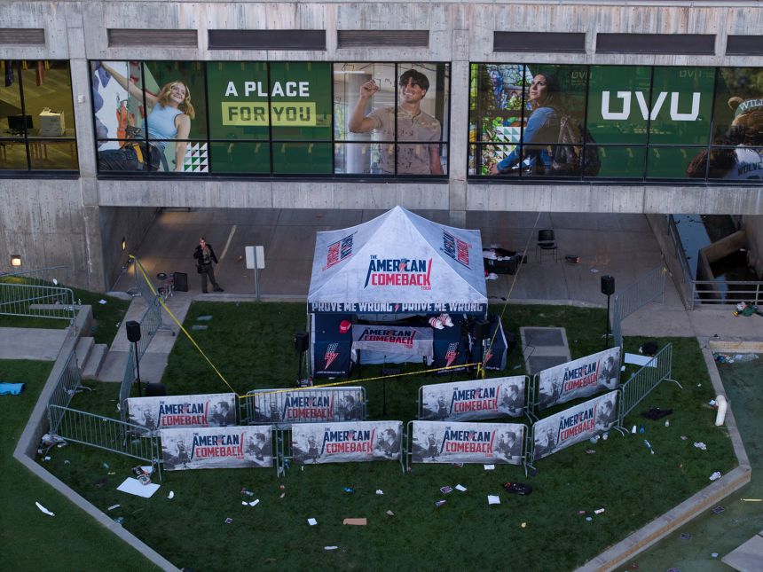 The scene where Charlie Kirk was fatally shot during an event at Utah Valley University, in Orem, Utah, is seen on September 11.