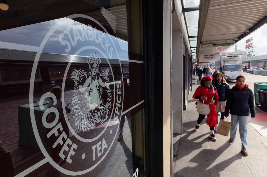 Starbucks' original logo at one of the first stores at Pike Place Market in Seattle this year.