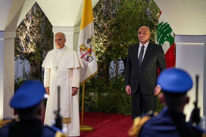 Pope Leo is welcomed by Lebanese President Joseph Aoun upon arrival at Rafic Hariri International Airport in Beirut, Lebanon, on Sunday.