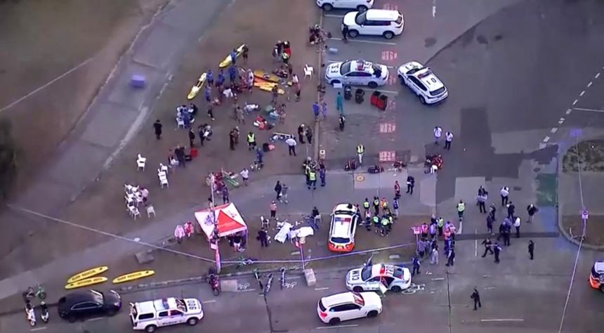 An aerial view of emergency personnel working at the scene of a shooting incident at Bondi Beach in Sydney, Australia on December 14, 2025.