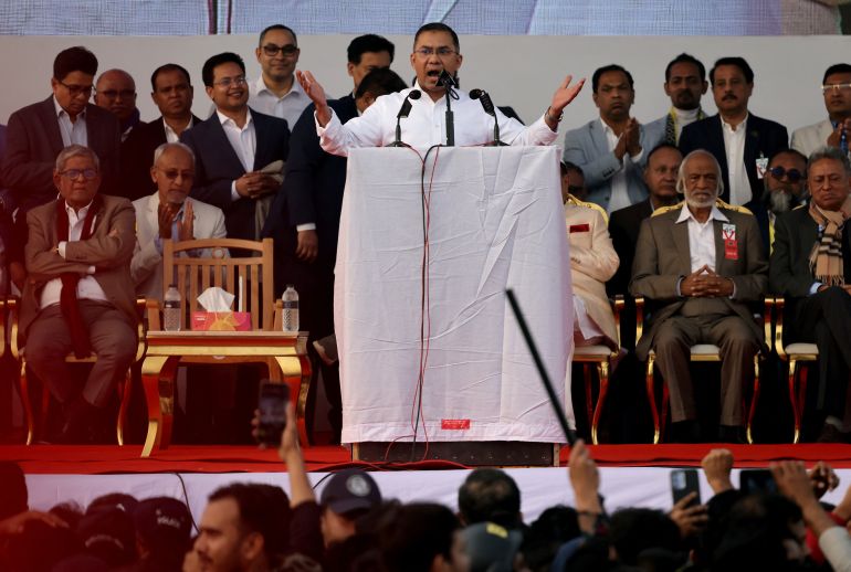 Bangladesh Nationalist Party (BNP) acting chairman Tarique Rahman addresses his supporters after his return from London, in Dhaka, Bangladesh, December 25, 2025. REUTERS/Mohammad Ponir Hossain