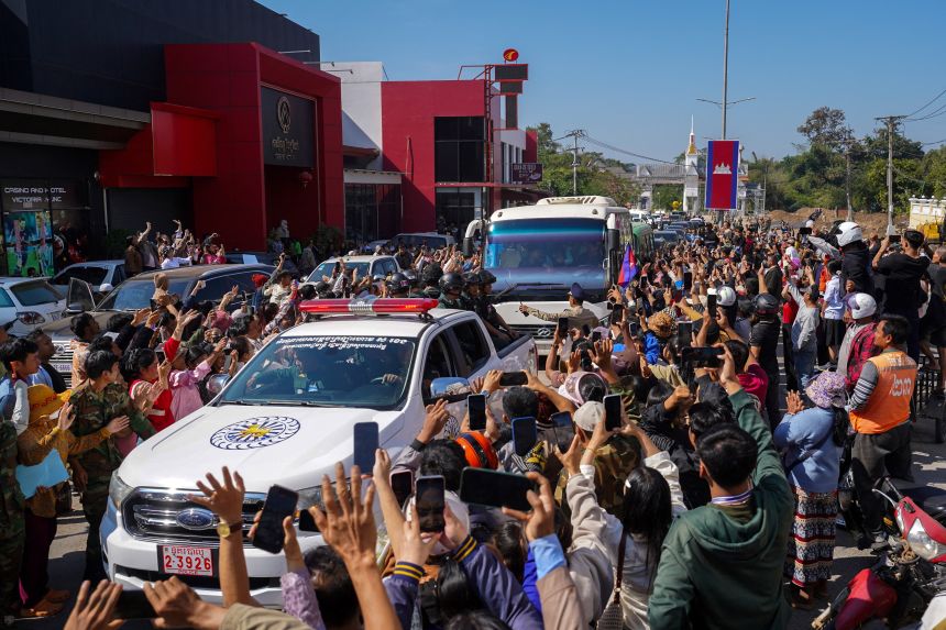 A bus carries 18 Cambodian soldiers repatriated from Thailand after being captured in July, following their release at Prum International Border Checkpoint in Pailin province, Cambodia on December 31, 2025.
