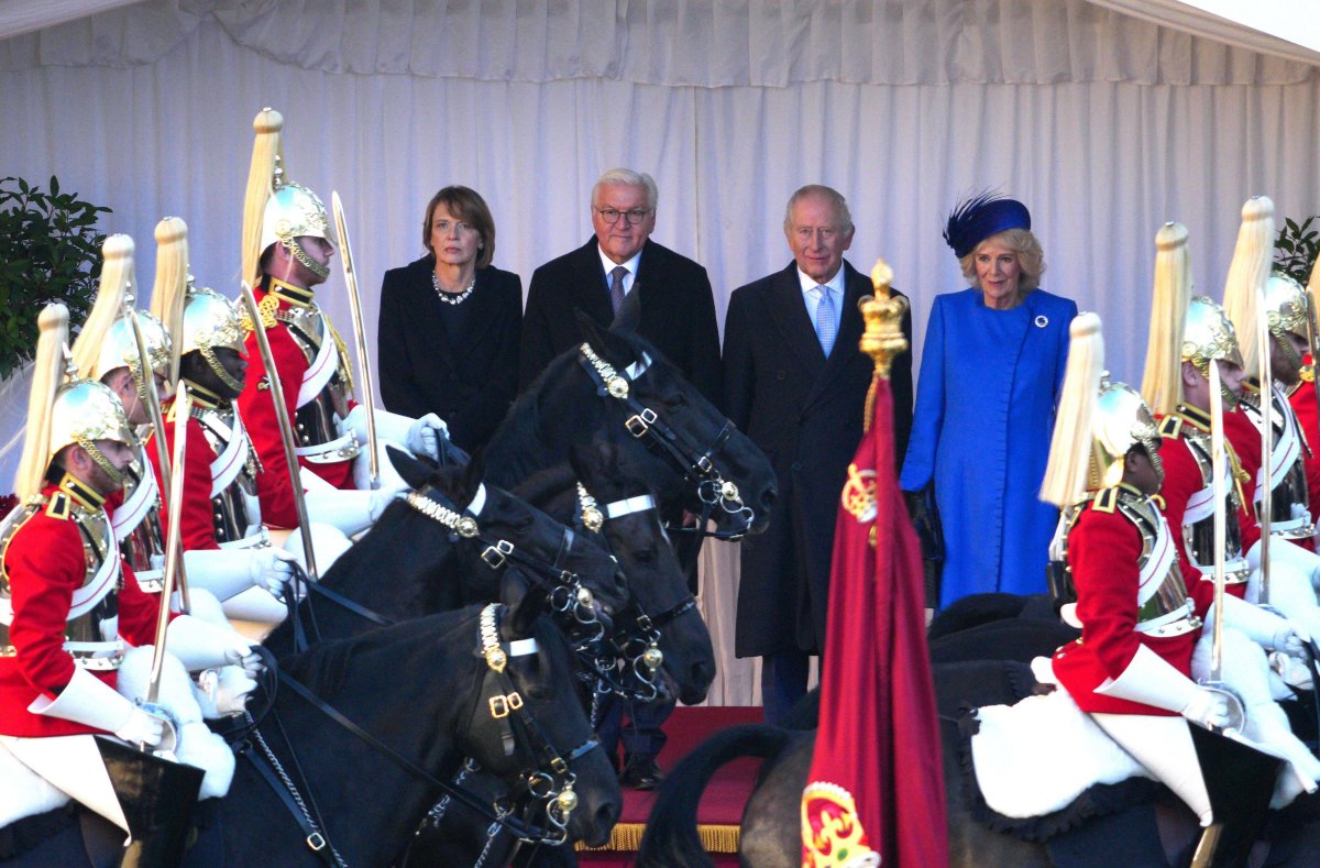 King Charles III and Queen Camilla welcome the President of Germany to Windsor Castle for a state visit on December 3, 2025 (Carl Court/PA Images/Alamy)