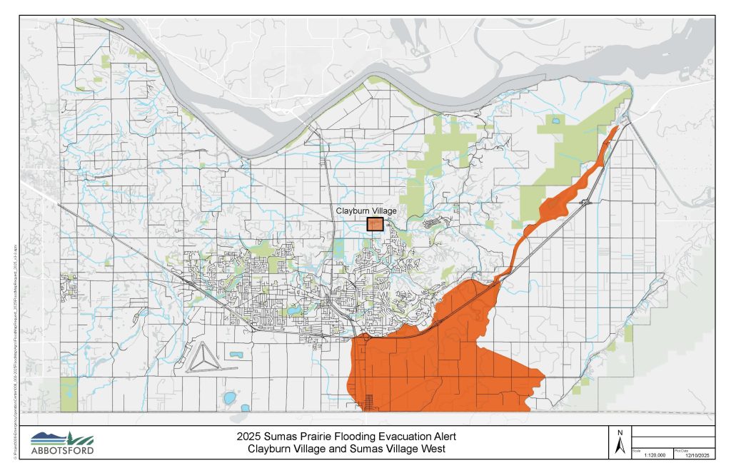 A map indicating areas in Abbotsford affected by evacuation alerts