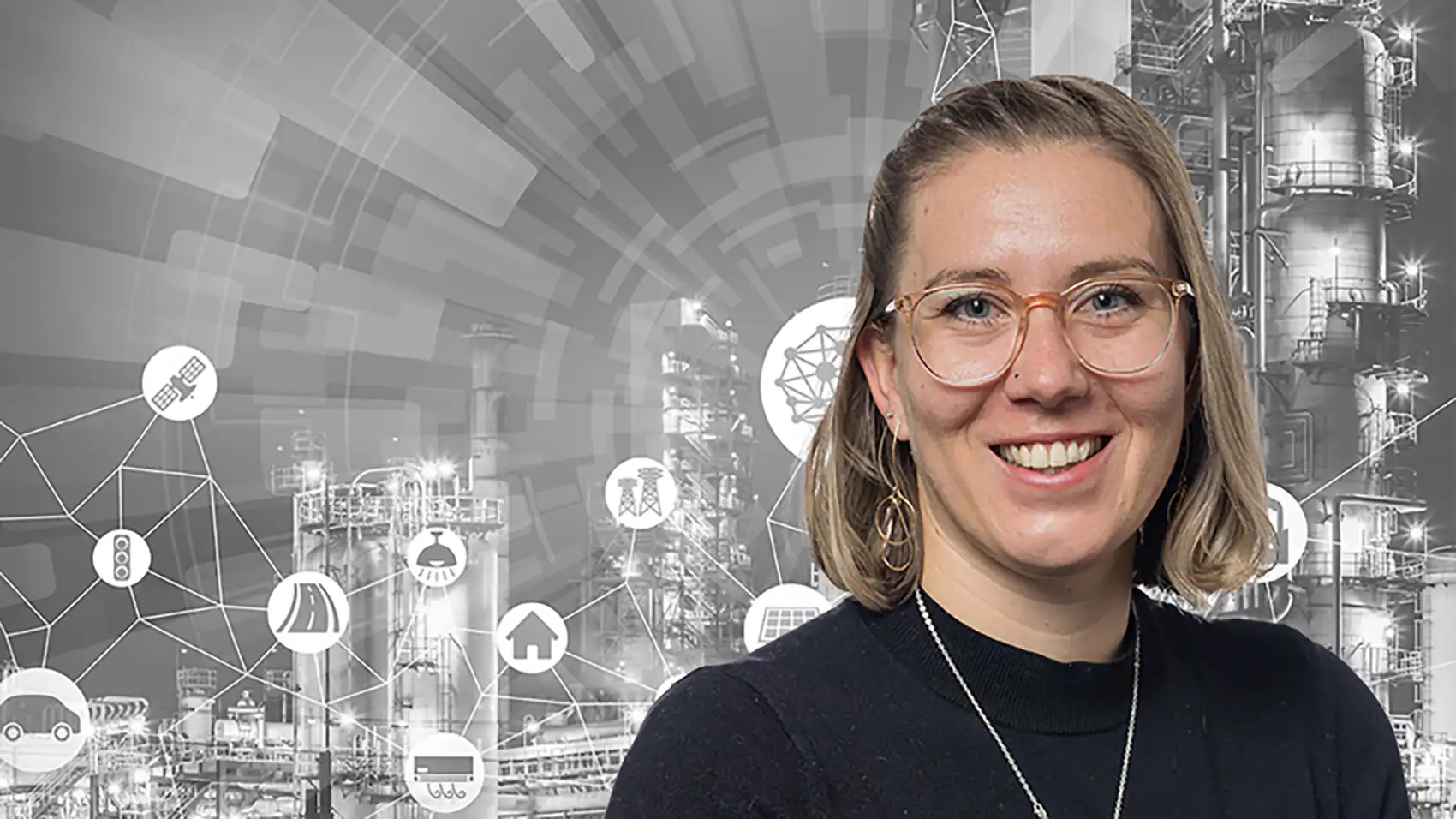 A headshot of Taylor Uekert in front of an illustration that includes icons related to manufacturing