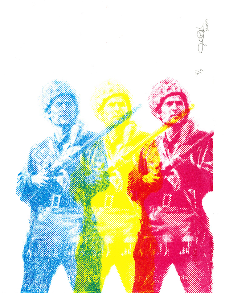 Pop art-style image of three overlapping figures in frontier-style clothing, each holding a rifle, rendered in blue, yellow, and red tones on a white background.