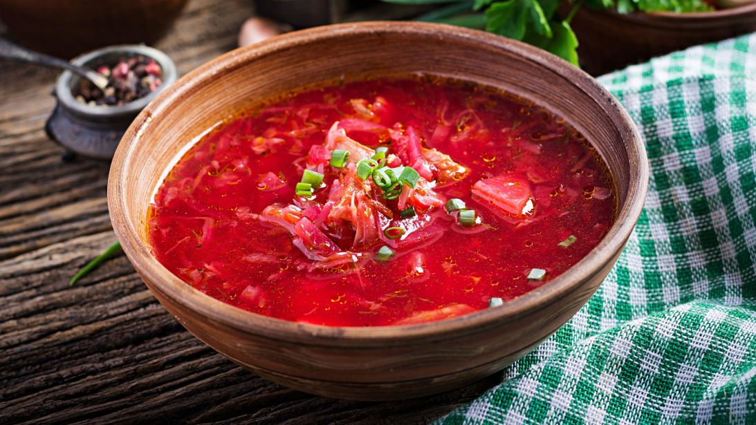Traditional Ukrainian Russian borscht or red soup in the  bowl.