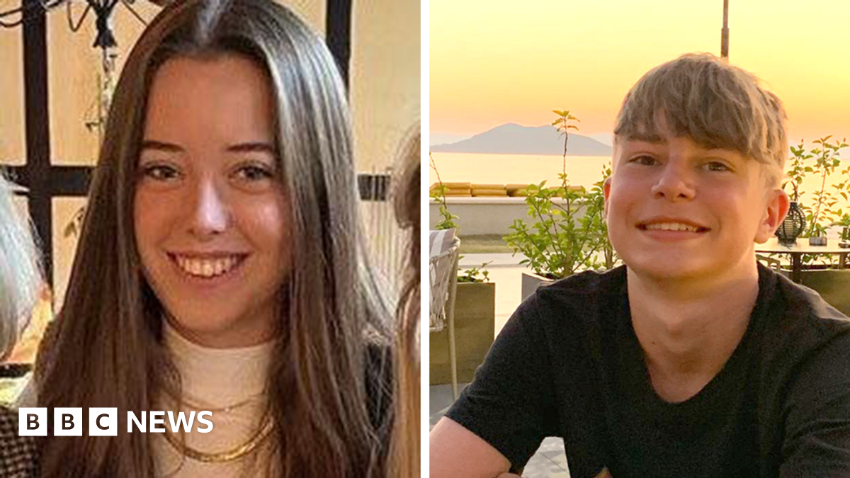 A composite image of Matilda Seccombe and Harry Purcell smiling at the cameras. Matilda has long brown hair and is wearing a white top and gold coloured necklace. Harry seems to be on holiday and is wearing a black t-shirt, with the sea and an island in the background