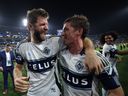 Thomas Müller and Ryan Gauld of the Vancouver Whitecaps FC celebrate after winning the Audi 2025 MLS Cup western conference final match between San Diego FC and Vancouver Whitecaps FC at Snapdragon Stadium on Nov. 29, 2025 in San Diego, California.