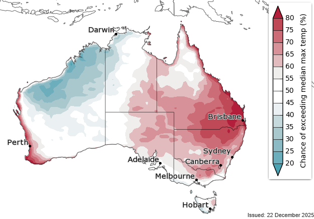 A map of Australia showing a higher than average change of warm weather across most of the eastern coast.