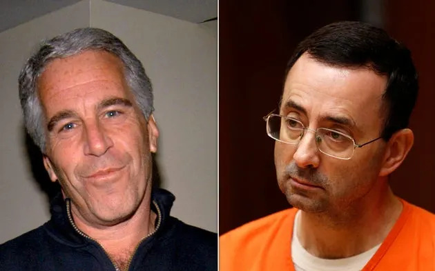 A purported 2019 letter from Jeffrey Epstein, left, to Larry Nassar, right, seemed to reference Trump.
