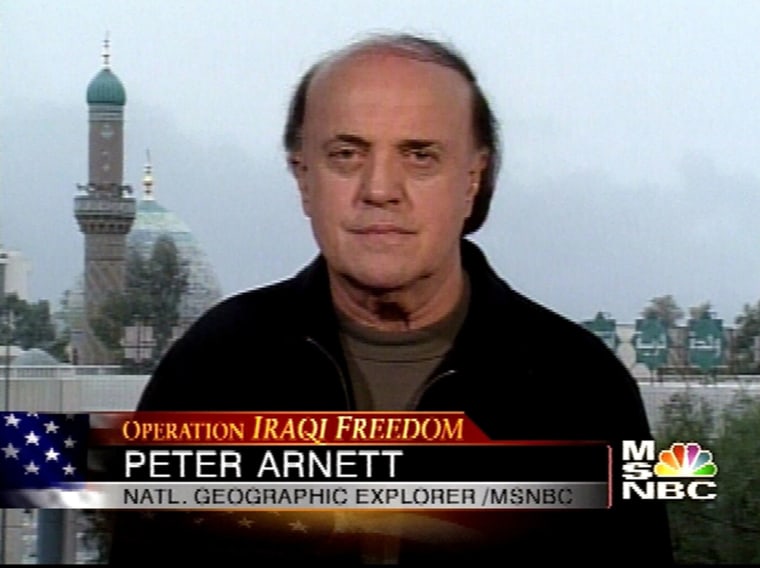 VIDEO IMAGE OF WAR CORRESPONDENT PETER ARNETT REPORTING FROM BAGHDAD