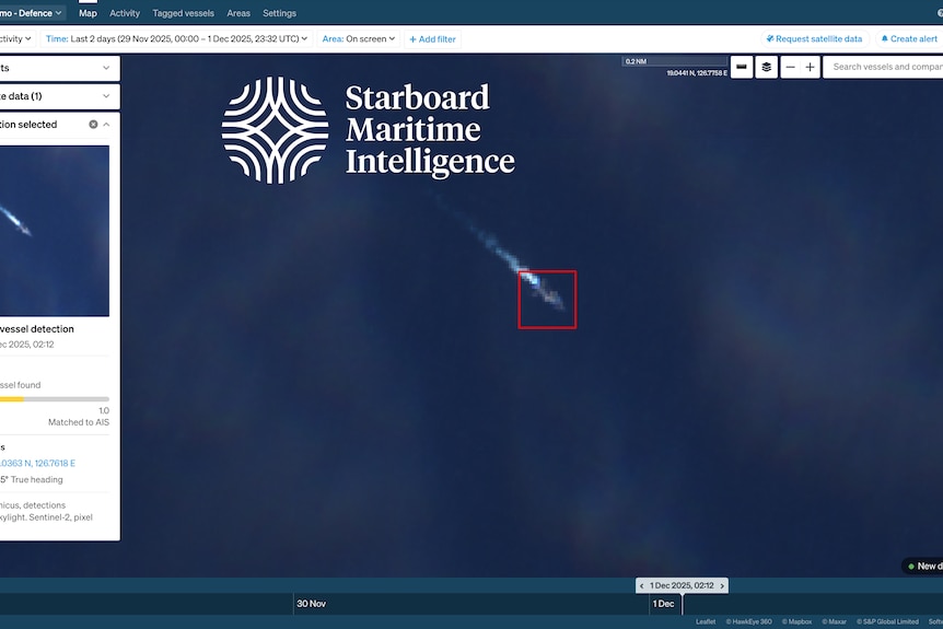 Screenshot of Starboard Maritime Intelligence webpage showing a satellite photo of the ocean with a red square around a frigate
