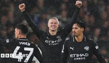 Erling Haaland celebrates scoring against Fulham