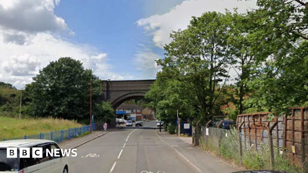 A long road with an arched railway bridge. There is a green space on the left and metal containers behind a metal fence on the right, as well as green trees and bushes