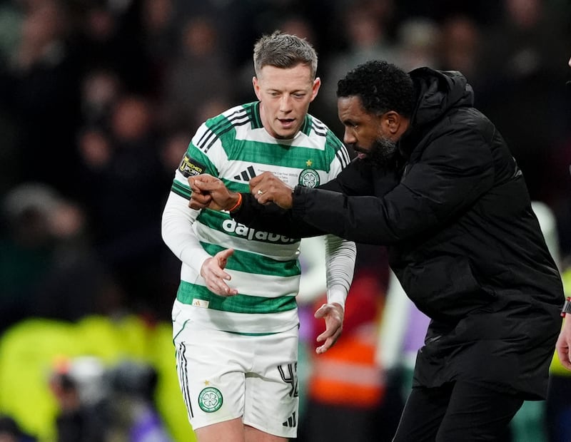 Celtic manager Wilfried Nancy speaks with captain Callum McGregor during the game against St Mirren. Photograph: Andrew Milligan/PA