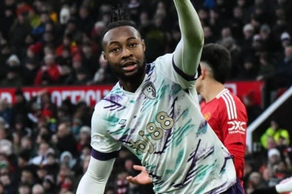 2YYJHG0 Antoine Semenyo of Bournemouth celebrates his goal to make it 0-3 during the Premier League match Manchester United vs Bournemouth at Old Trafford, Manchester, United Kingdom, 22nd December 2024 (Photo by Craig Thomas/News Images)