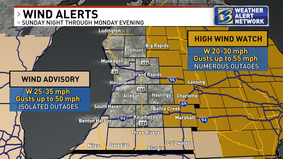 For counties not included in the Winter Storm Watch, a High Wind Watch and Wind Advisory was issued. Gusts up to 50-55 mph may cause numerous power outages. (WWMT)