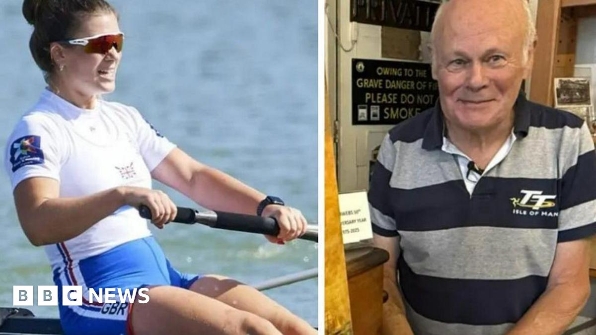 Frankie Allen (L) in rowing gear and rowing. She has her hair up in a ponytail and is on water. Peter Boyd-Smith (R) stood in his shop wearing a black and grey polo shirt with white hair and is smiling.