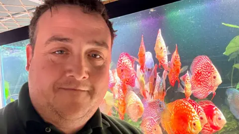 Stephen Halsey Stephen Halsey with short brown hair and stubble wearing a green polo top standing in front of orange pigeon blood discuss fish in a tank in a aquatic shop. He is smiling.