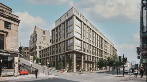 Vita Group An artist's rendition of the new development, showing the nine story building as people walk by, and the Mackintosh building visible behind it