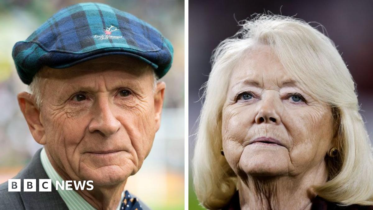 Composite image featuring headshots of Fergus McCann and Ann Budge. McCann is wearing a grey suit, green and white striped shirt and a green and blue tartan bunnet-style cap. He is looking off to the left of the camera. Budge has shoulder-length blonde hair, combed in a side parting. She is looking into the distance, over the camera.