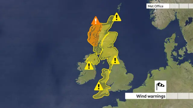 Map shows yellow wind warnings in parts of south-west England, west Wales, northern England, Scotland and Northern Ireland. There's an amber warning in north-west Scotland.