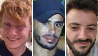 (From L-R) Hostages Yotam Haim, Samar Talalka and Alon Lulu Shamriz, who were killed mistakenly by IDF troops in Gaza on December 15, 2023. (Courtesy)