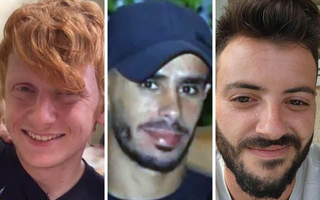 (From L-R) Hostages Yotam Haim, Samar Talalka and Alon Lulu Shamriz, who were killed mistakenly by IDF troops in Gaza on December 15, 2023. (Courtesy)