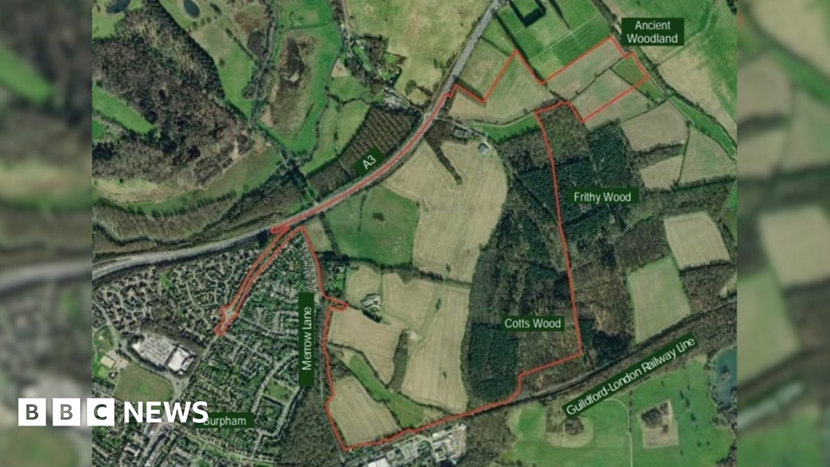 The satellite image shows a bird's eye view of land to be built on; many fields and plots of land can be seen and there is a red line outlining the specified piece of land for the project.