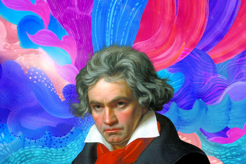 A painting of Ludwig van Beethoven is deep etched over a background of bright purple, blue and magenta watercolour strokes.
