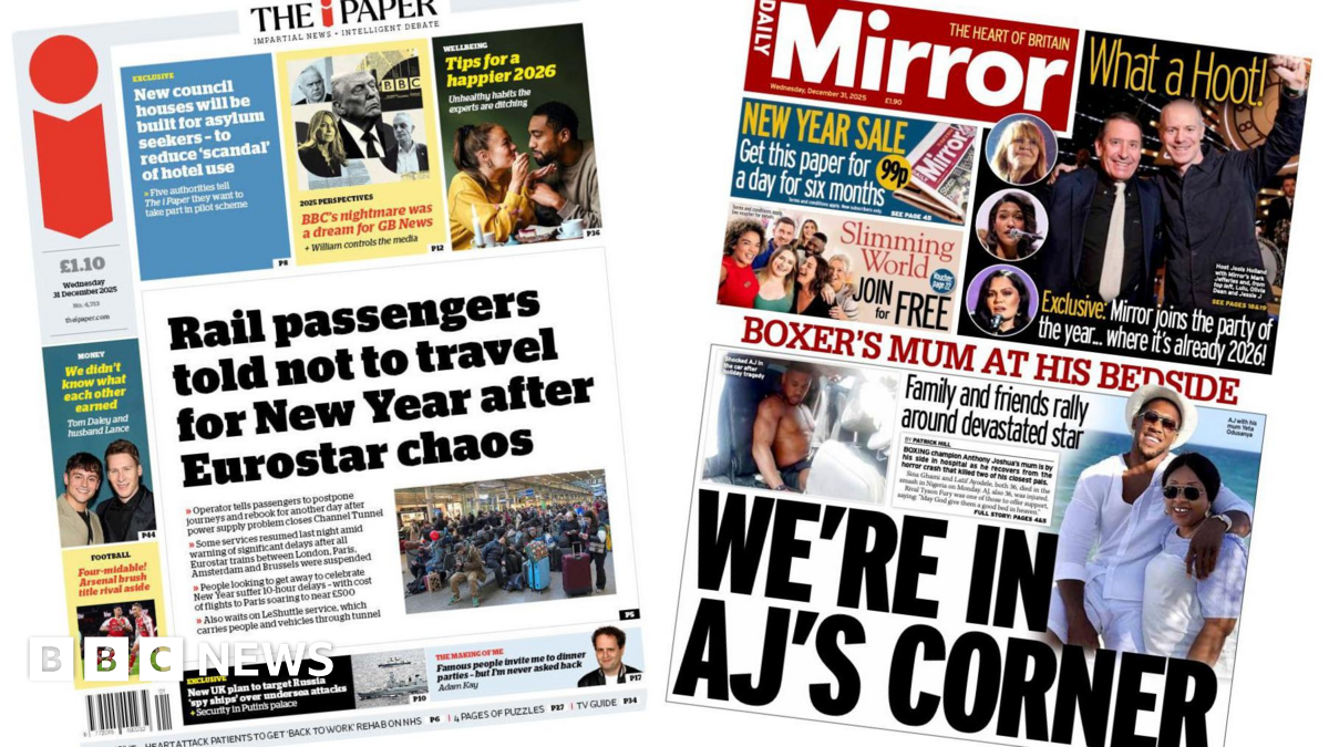 The headline on the front page of the i Paper reads: "Rail passengers told not to travel for New Year after Eurostar chaos."