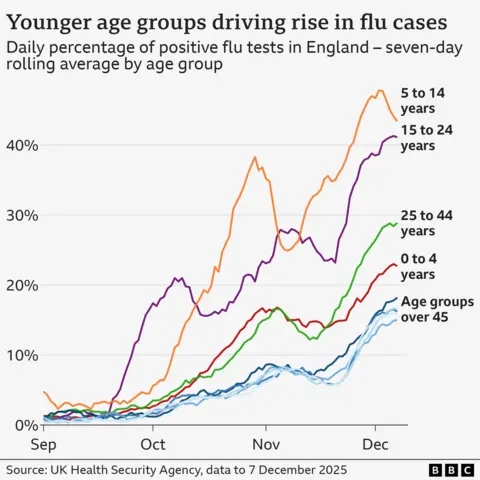 A line graph showing a rise in positive flu cases since September by age group. It shows the groups recording the highest percentage positive tests are the 5-14 year old group, followed by the 15-24 age group. Older age groups over 45 years old have a much power percentage of positive cases. 
