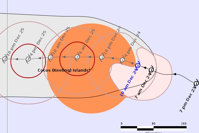 A track map showing how a cyclone will impact the Cocos Islands later today or early Christmas Day