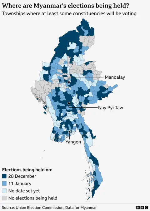 A map of Myanmar with a title of "Where are Myanmar's elections being held?” and a subtitle of "About 30% of townships will vote in first phase of elections”. It shows all of the country's 330 townships and colours them by their election status: Light blue areas represent townships voting on 28 December (102 townships), blue represents those voting on 11 January (100 townships), light blue indicates places where no election date is set yet (72 townships), and grey areas show where no elections are being held (56 townships). The cities of Mandalay in the north, Nay Pyi Taw in the centre, and Yangon in the south are labelled. The source is given as the Union Election Commission and Data for Myanmar